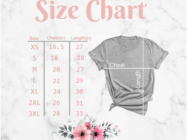 Puede incluir: Tabla de tallas para una camiseta con medidas en pulgadas para el pecho y la longitud. Las tallas incluyen XS, S, M, L, XL, 2XL y 3XL.