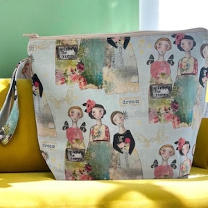 Trousse à projets pour tricot et crochet, tissu Kelly Roberts inspirant, mignon et artiste coloré, trousse à fermeture éclair, trousse à maquillage, cadeau pour ami