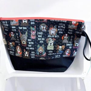Sac à tricoter pour chien, sac à projet au crochet de chaussettes, pochette à fermeture éclair faite main en tissu pour chiens géniaux, cadeau pour amoureux des chiens ou maman de chien, trousse de maquillage pour chien mignon