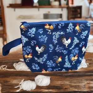 Knitting Bag, Crochet Project Bag, Handmade Zipper Bag, Sock Knitting Bag,  Make up Bag, emotional support Chicken Bag, Chicken Zipper Pouch