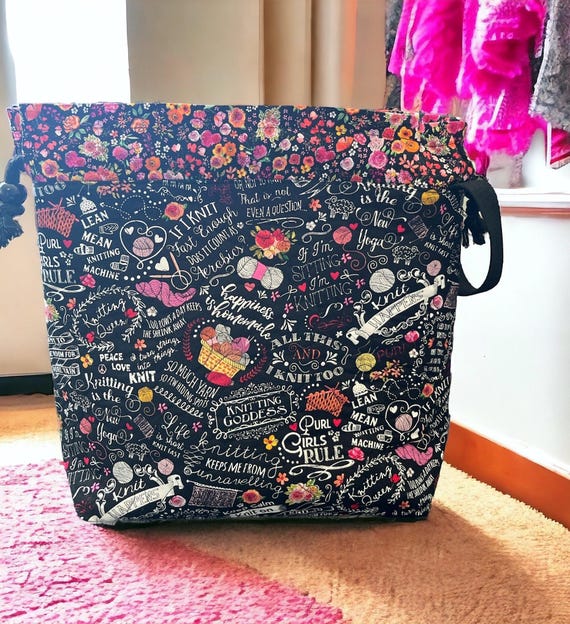 Project Bag Quilted Large Drawstring Project Knitting Bag Knitting Theme Fabric Gift for Knitter Knitting Accessories Knitter Gift Etsy