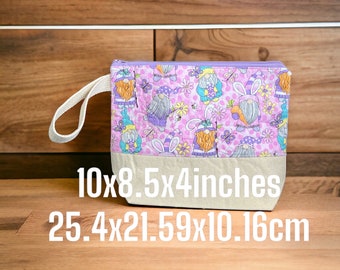 Easter Gnome Spring theme Fabric Handmade Quilted Zipper Bag with inside Pockets, Knitting Bag and Crochet, Crafters Project Bag