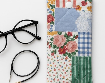 Quilted Eyeglasses Pouch, Floral Patchwork Pen Case, Handmade Fabric Organizer