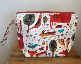 Woodland Animal Zipper Bag with Inside Pockets, Handmade Fox & Forest Nursery Toys Tote, knitting and crochet project bag