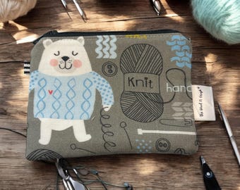 Knitting Notions Pouch, Gift for Knitter, Bear Knitting Bag, Stitch Marker Pouch, Knitting Accessories, Notions Bag, Cute Knitter Gift