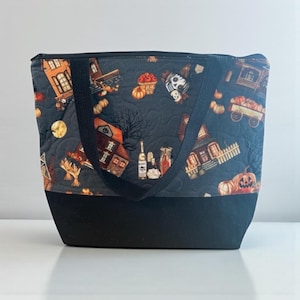 Halloween Quilted Handmade Tote with inside pockets for Accessories Knitting and Crochet Project bag