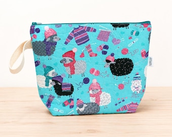 Quilted Sheep Knitting Project Bag, 3 Pockets, Handmade Yarn Organizer