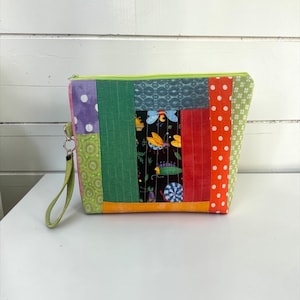 Quilted Zipper Bag, large Makeup Travel Toiletry  Everything Bag, Handmade Patchwork Pouch, Knitting and Crochet Crafters Project Bag