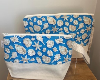 Summer  knitting  and Crochet Project bags with Seashell  Summer Beach Theme  Fabric,  with Wrist Strap and inside pockets for accessories