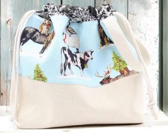 Large Farm Animal Christmas Drawstring Bag, Knitting Crochet Project Bag
