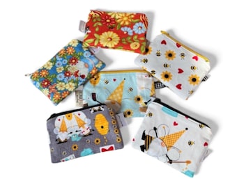Cute Gnome Sunflower Summer Fabric handmade Zipper Pouch, Coin Earbud Air pod Case, Business Card Holder, Small Accessories Zipper Wallet