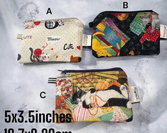 Knitters Notion Keychain Wallet  Zipper Pouch in Cat Knitting Sewing Fabric, Handmade lined Knitting Notions, Coin Card Pouch, Ear Bud Case