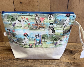 project bags  with funny dogs, knitting, crochet, rug hooking, embroidery, cross stitch, large zipper bag, sweater size project bags