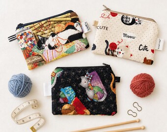 Knitting Notions Pouch, Cat Lover Gift, Gift for Knitter, Cat Knitting Bag, Zipper Notions Bag, Stitch Marker Pouch, Cat Knitter Gift