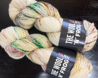 Hand Dyed Fingering Weight Superwash Yarn, 80/20 Merino Nylon wool, white background rainbow speckles  115 grams 430 meters