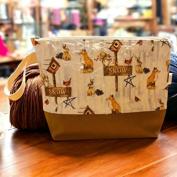 extra large Knitting Bag, Large Seasonal Woodland Animals in the Winter Zipper Project Bag for Knitting or Crochet, Cross Stitch Project Bag