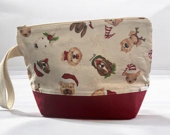 Winter Cute Dogs Zipper Pouch, Quilted Cotton Project Bag, Dog Lover Gift, Small Knitting and crochet Project Bag