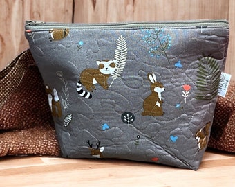Knitting Bag, Small Crochet Project Bag, Handmade Quilted Woodland Creatures Small Zipper Bag, Cute Animal Lover Make up Cosmetic Bag