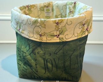 Quilted Christmas Storage Baskets, Green Holiday Fabric Bins, Set of 3 Sizes, Holly Print Decor, Handmade in Canada
