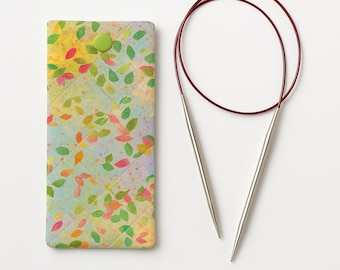 Quilted Circular Knitting Needle Glasses Pouch, Slim Snap Fabric Case, Watercolour Leaf Print, Teen Gift, Tampons and Electronics Pouch