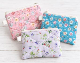 Quilted Floral Notions Pouch, Small Zipper Coin Purse, Handmade Cotton Organizer, Knitting Crochet Accessory Bag, Gift for Her