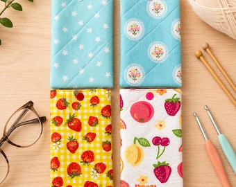 Quilted Knitting Needle Glasses Pouch, Slim Snap Fabric Case, Fruit Floral Designs