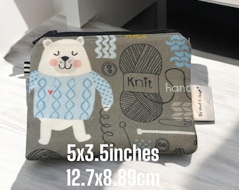 Wristlet Wallet For Knitters Zipper Coin Money Notions Business Card Pouch in Knitting Sewing Theme Fabric gift for knitter