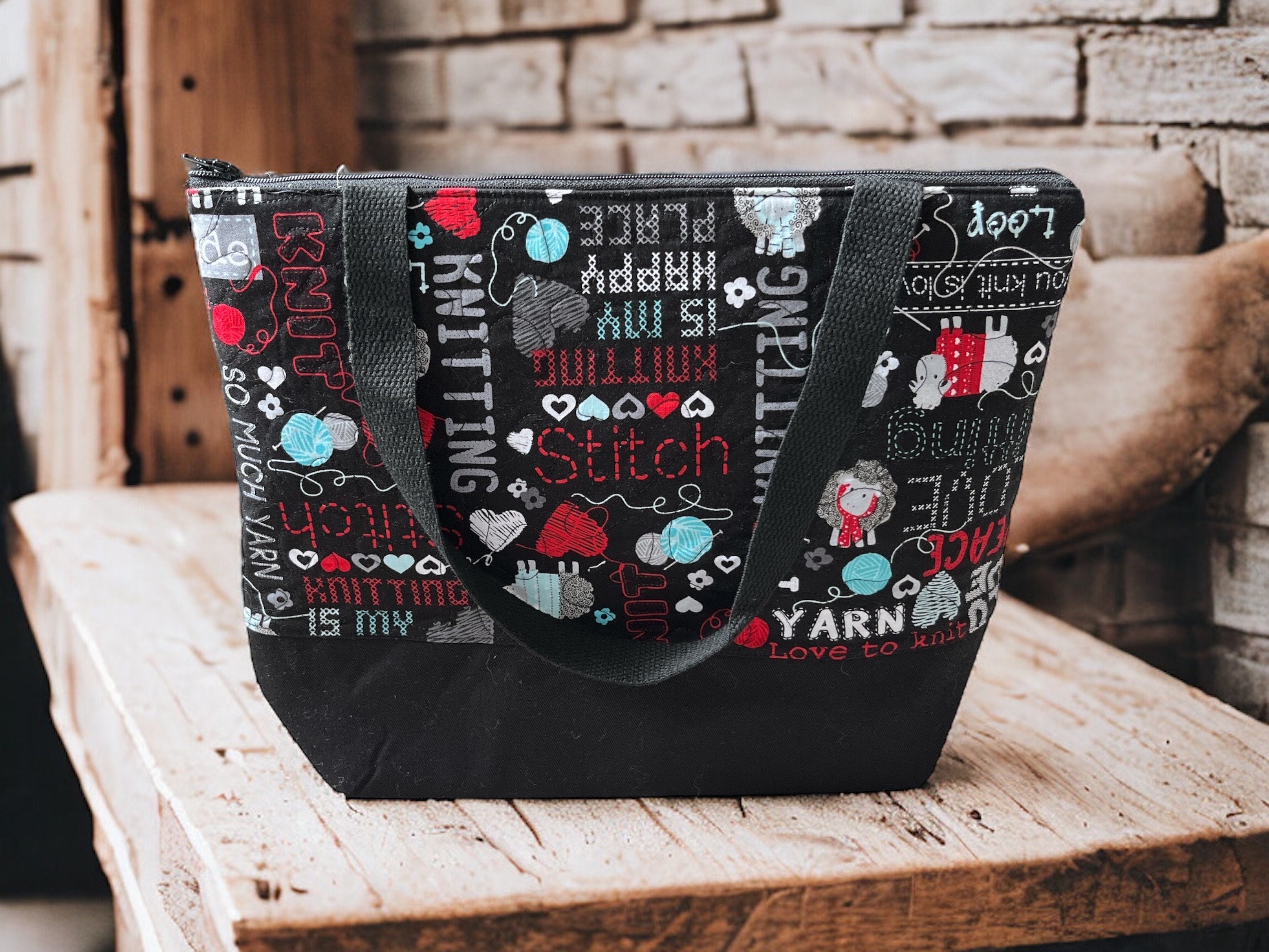 Knitting Bag Quilted Handmade Zipper Shoulder Bag With Pockets Knitting Phrase Theme Fabric Project Bag for Knitting Gift for Knitter Etsy