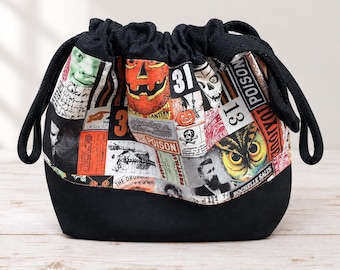 Halloween Knitting & Crochet Project Bag, Vintage Poison Pumpkin Drawstring Yarn Bag, Large Handmade Organizer for Crafters