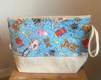 Large Quilted Knitting and Crochet project  Bag, Funky Dog Theme Zipper Pouch, Dog Lover Gift
