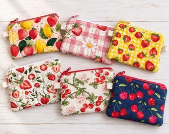 Quilted Strawberry Cherry Zipper Pouch, Small Card Wallet, D-Ring Attachment