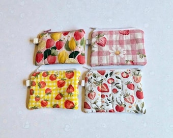 wristlet Wallet in Quilted Strawberry Fabric with D Ring, Coin Card Pouch , Notions Pouch, Summer Fruit Fabric, Coquette Cottagecore Pouch