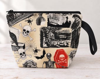 Halloween Knitting Project Bag, Skull and Skeleton Zippered Crochet Bag with Wrist Strap, Gothic Yarn Organizer, Handmade Gift