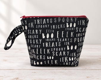 Halloween saying project bag, spooky zipper pouch, knitting and crochet craft tote