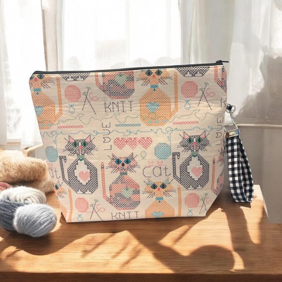 Cat Knitting Project Bag Handmade Zipper Pouch Cross Stitch Style