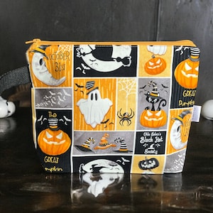 Trousse à projets en tricot et crochet, petite ou grande pochette en tissu patchwork d'Halloween, trousse à maquillage ou cartable fait main fantômes citrouilles