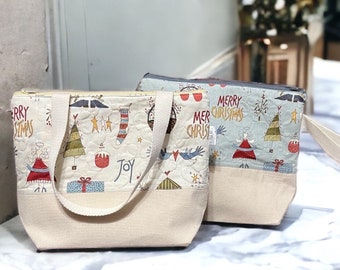 Project Knitting Bag, Quilted Bag with Zipper, Christmas Folk Art Vintage Farmhouse  fabric, Knitting Gift, Project Bag for Crochet