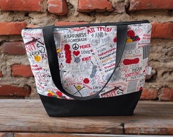 Knitting Bag, Quilted Handmade Zipper Shoulder Bag with Pockets, Knitting Phrase theme Fabric, Project Bag for Knitting, Gift for Knitter