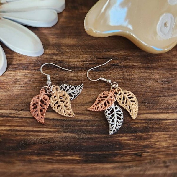 Tri-Color Leaf Earrings, Dangle Earrings, Leaf Earrings, Fall Leaf Earrings, Autumn Earrings