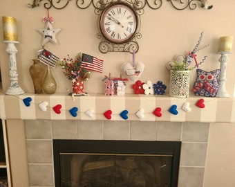 Patriotic Felt Heart Garland, Patriotic Decor, Patriotic Hanging Garland, Hanging Decor, Patriotic Heart Garland, Hearts