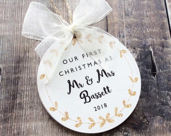 Our First Christmas as Mr & Mrs Personalised Bauble in Gold or Silver Glitter