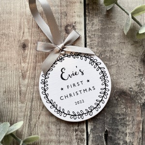 Personalised Baby’s First Christmas Bauble Christmas Decotation – Grey