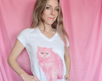Pink Cross Persian Cat Vneck Tshirt