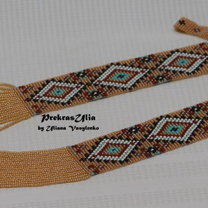 Native Gold Brown Creme gerdan Style gerdan Modern Gerdan necklase Ukrainian Folk Handmade Glass Beaded NECKLACE Long Gerdan Gift for her