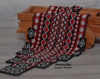 Collar de cuentas hecho a mano de Gerdan largo de Vishivanka rojo y negro, Gerdan ucraniano, joyería personalizada de Gerdan largo, estilo ucraniano