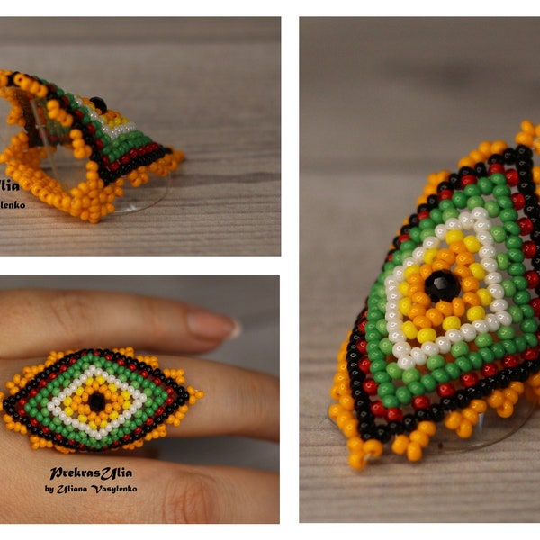 Bague de perles huichol orange, bande d’anneau, bague pour femmes, bande d’anneau moderne, bande d’anneau de déclaration large, bijoux de perles de graine, bague en peyotl Bande plate