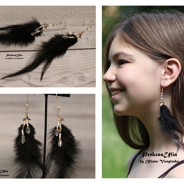 Black Feather earrings in natural warm colours, rooster, boho, feathers, white black stripes, long, dangly, statement, hair, handmade