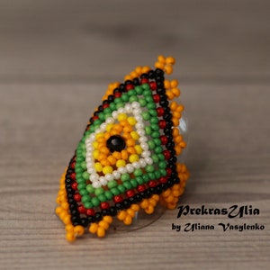 Orange huichol beaded ring, ring band,ring for women,Modern ring band,Wide statement ring band,Seed bead jewelry,Peyote ring Flat band
