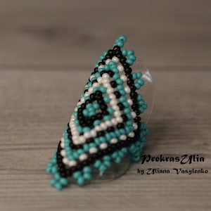 Huichol Turquoise Beaded Ring: Wide Seed Bead Statement Band