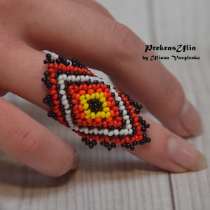 Huichol Beaded Ring: Red Black Seed Bead Statement Ring